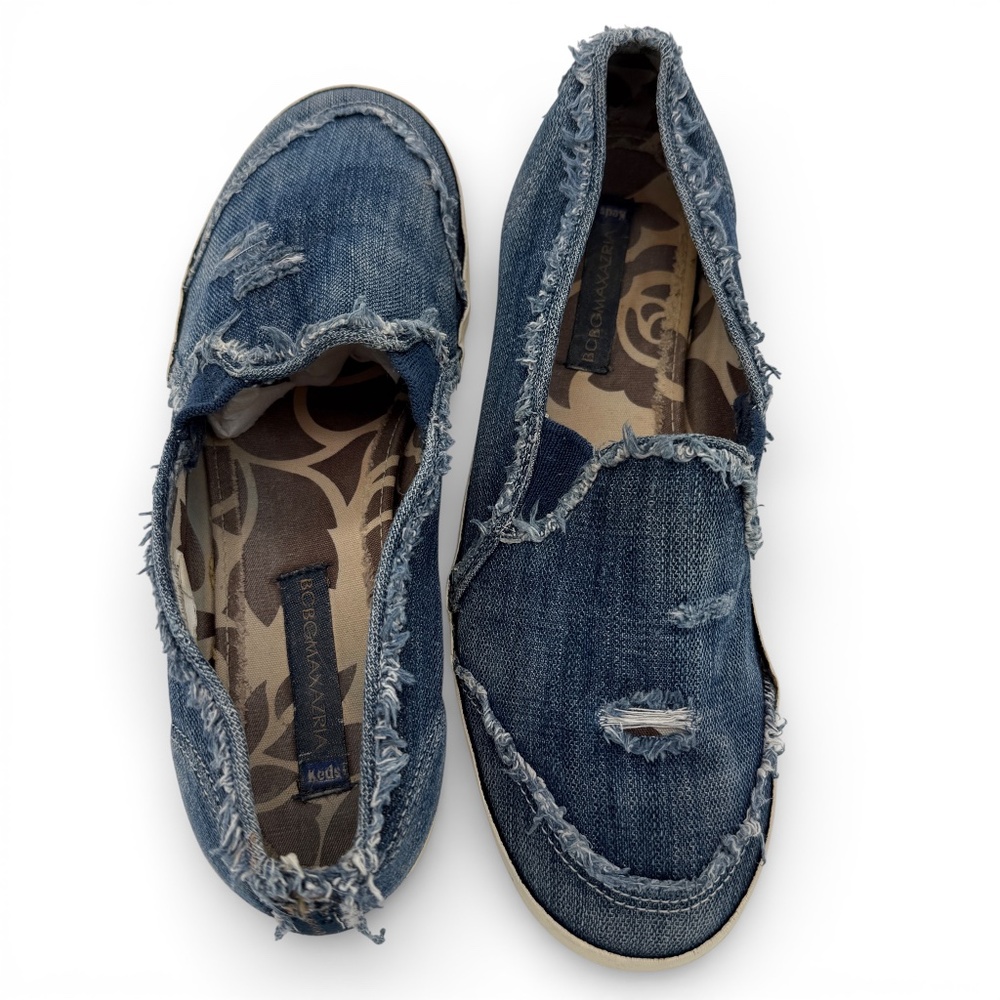 BCBG Max Azaria Artfully Distressed Denim Grunge Slip-On Shoes 10 Early 2000's